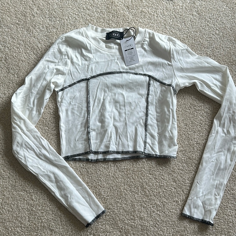 White long sleeve crop with black stitching